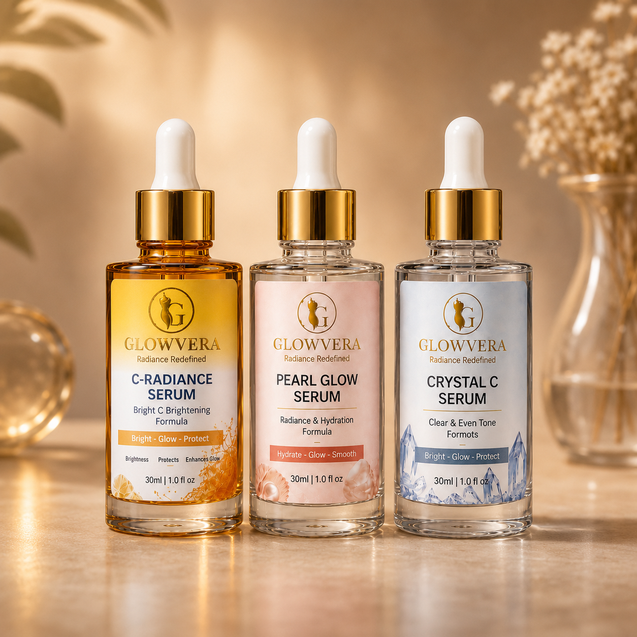 Glow vera vitamin c and Glow vera pearl glow and Glow vera crystal c serum