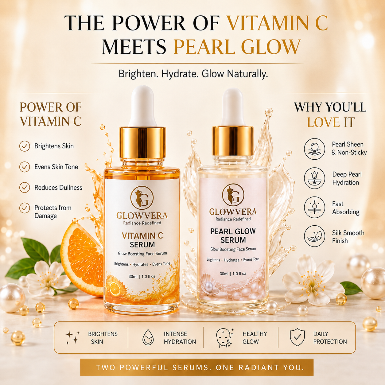GlowVera Pearl Glow Serum and GlowVera 10% Vitamin C Serum – Brightening & Radiance Formula – Hydrating & Radiance Enhancing Formula (30ml)