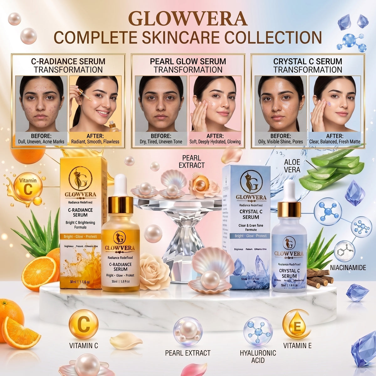 Glow vera vitamin c and Glow vera pearl glow and Glow vera crystal c serum