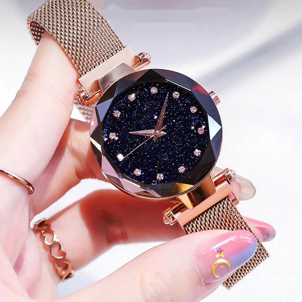 GLOWVERA Starry Glow Women’s Watch – Blue Galaxy Dial & Rose Gold Mesh Strap