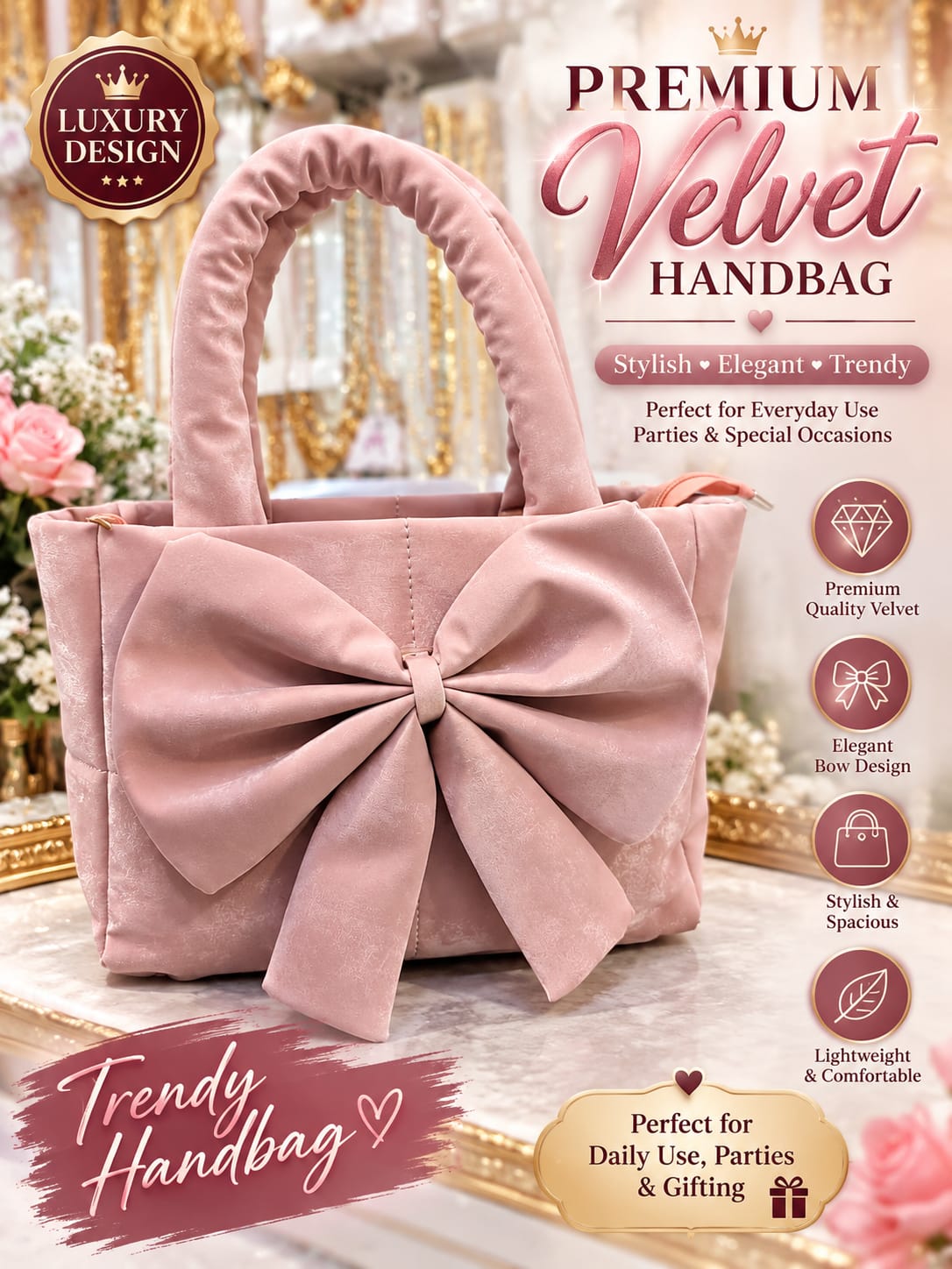 GlowVera Velvet Bow Handbag