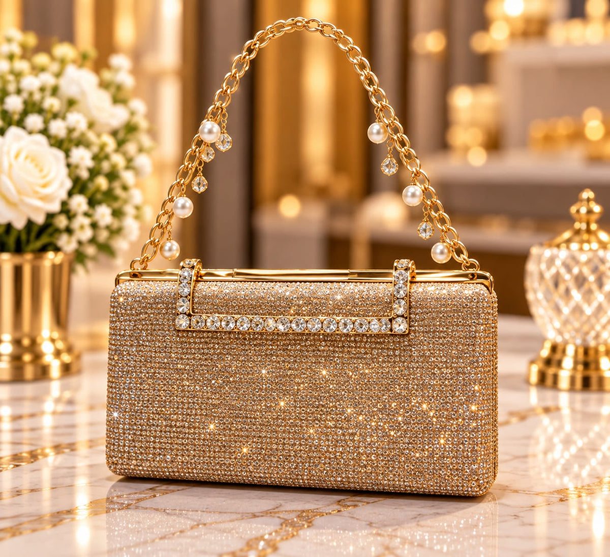 GlowVera Golden Bloom Bridal Clutch