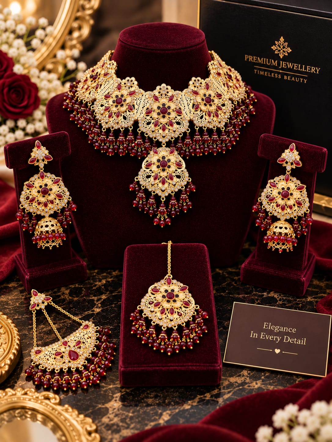 GlowVera Regal Maroon & Gold Bridal Choker Set