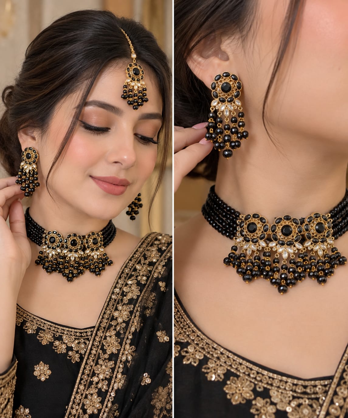 GlowVera Glamorous Black Pearl Statement Choker Set