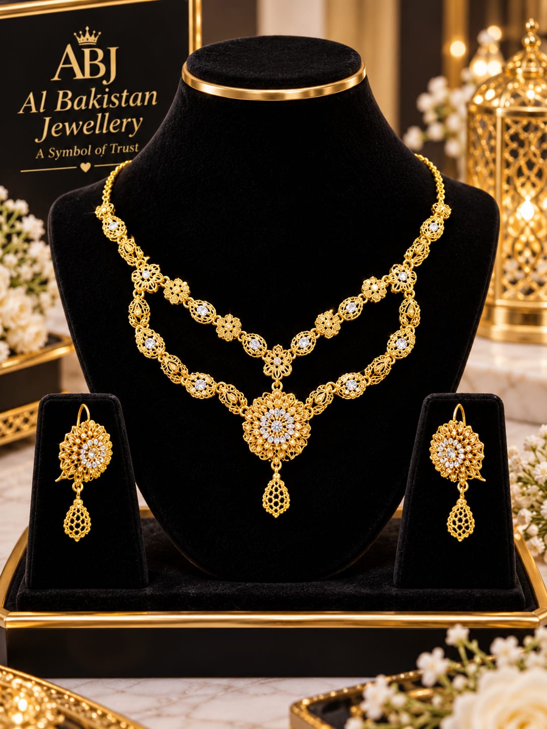 GlowVera Golden Floral Layered Necklace Set with Matching Earrings