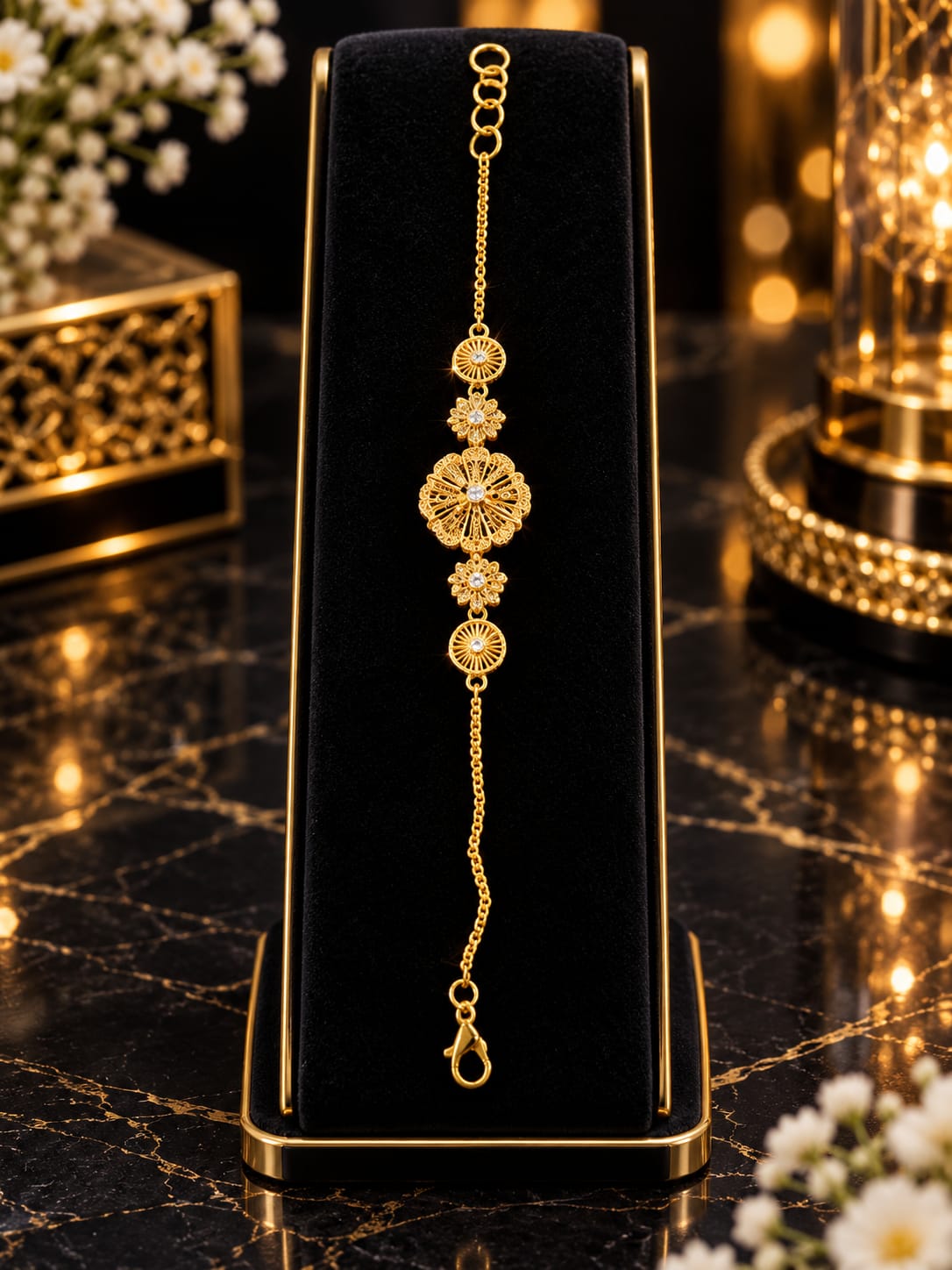 GlowVera Golden Floral Charm Bracelet