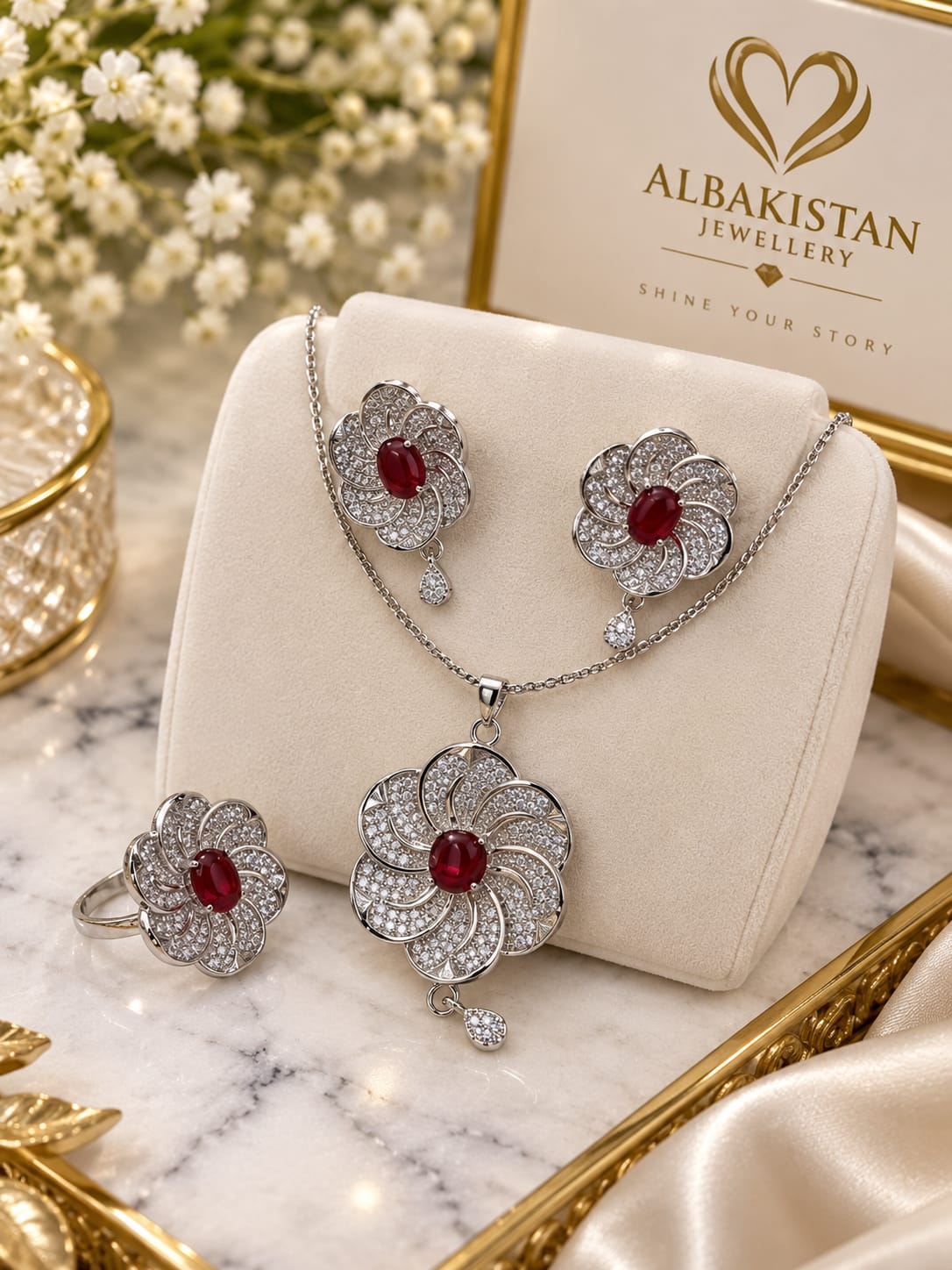 GlowVera Ruby & Diamond Floral Pendant Necklace, Earrings & Ring Set