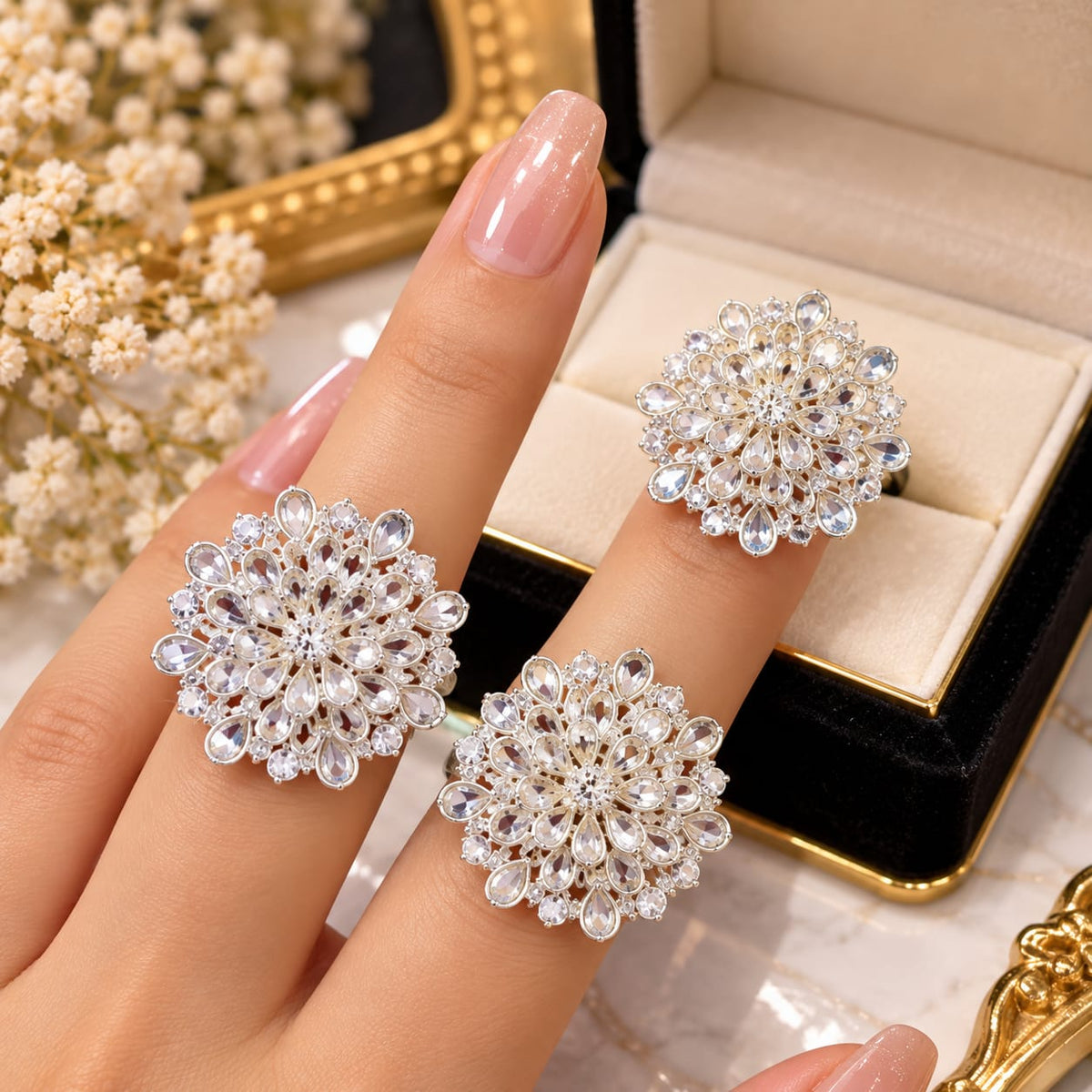 GlowVera Exquisite Sterling Silver Floral Cluster Statement Rings with Sparkling Cubic Zirconia Stones