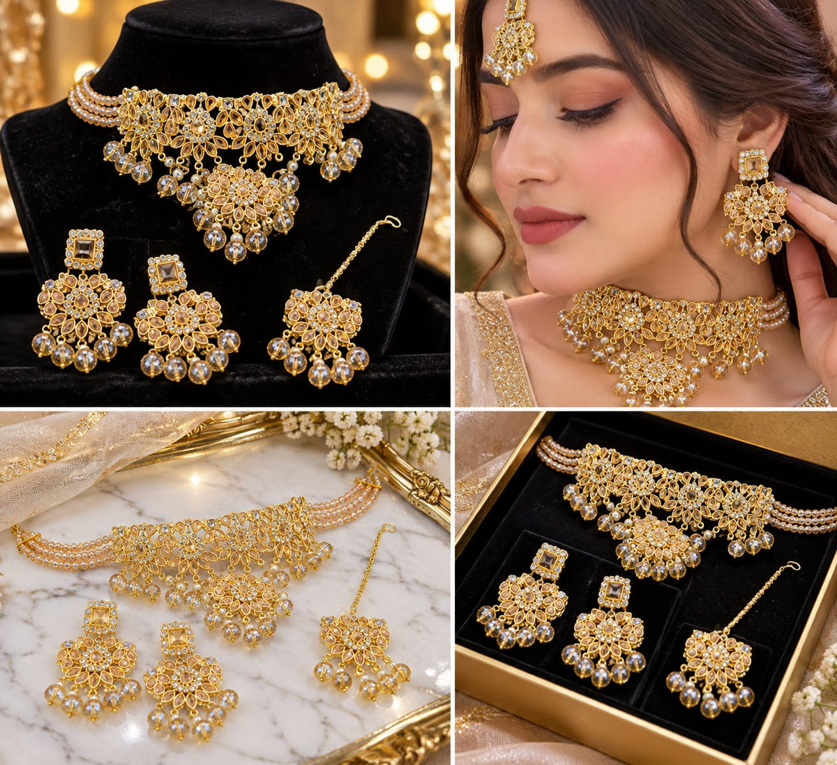 GlowVera Royal Multicolor Gemstone & Pearl Embellished Bridal Choker Set with Matching Earrings and Maang Tikka