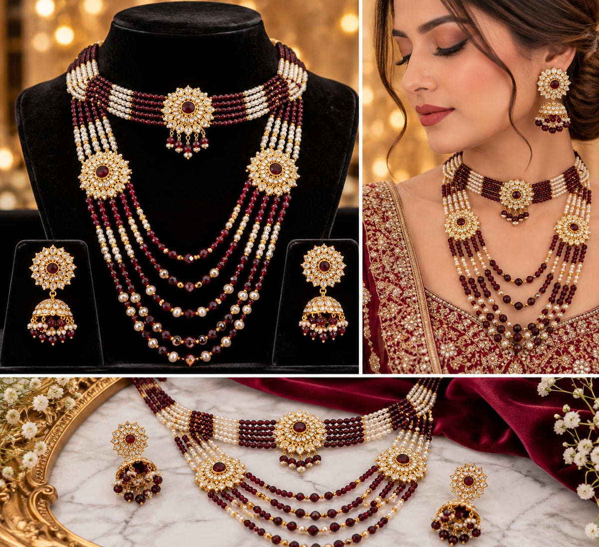 GlowVera Royal Maroon and White Beaded Layered Bridal Necklace Set with Matching Jhumka Earrings and Maang Tikka