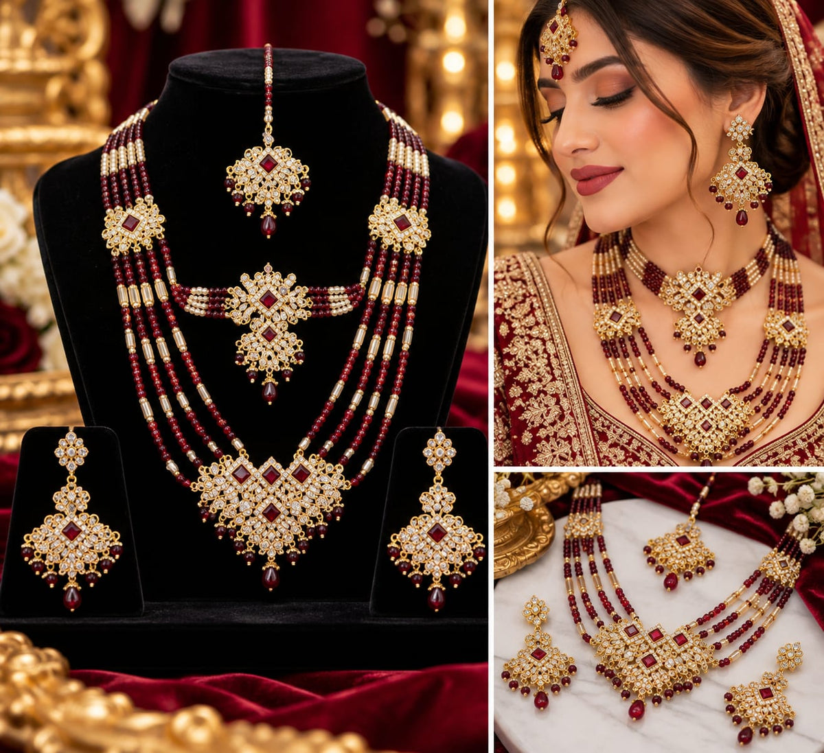 GlowVera Royal Maroon and Gold-Plated Multi-Layered Bridal Necklace Set with Matching Statement Earrings and Maang Tikka