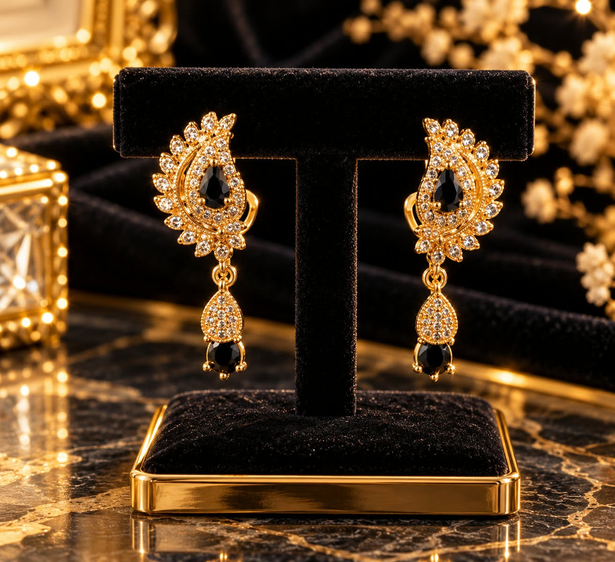 Glowvera Royal Black Stone Paisley Earrings
