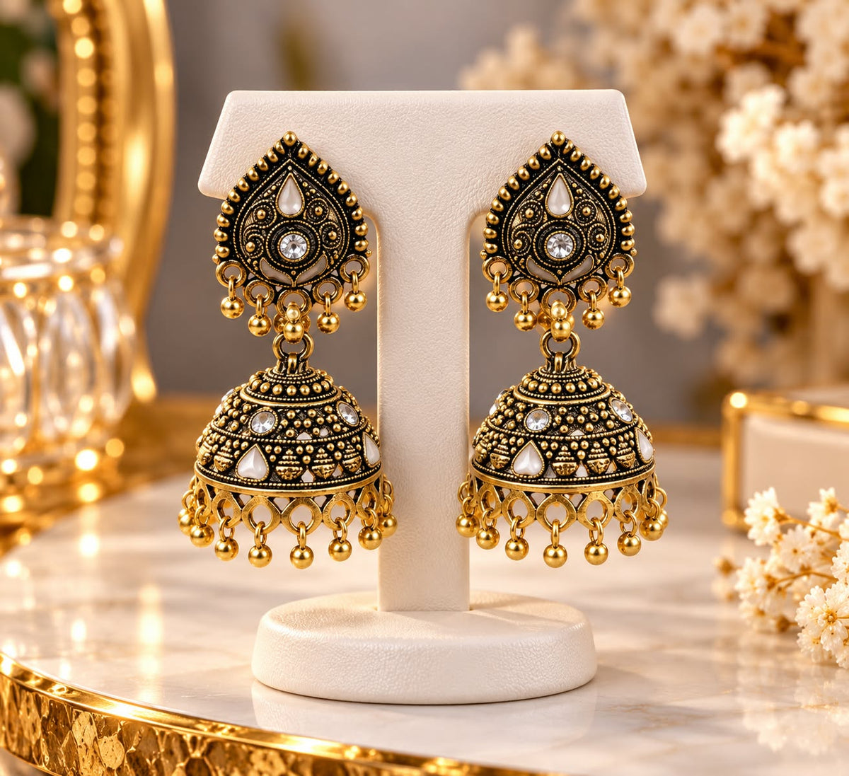 Glowvera Antique Gold Pearl Jhumki Earrings